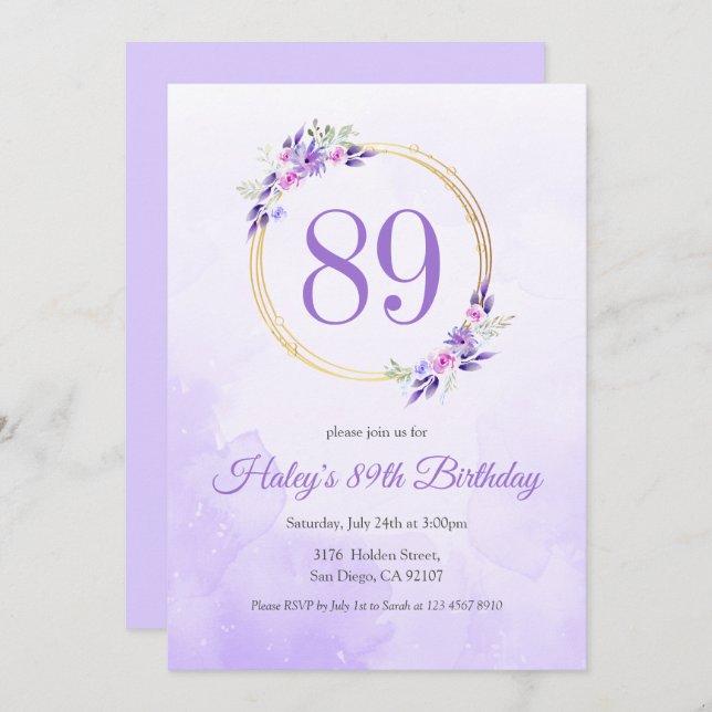 Pastel Purple Floral Golden Wreath 89th Birthday Invitation (Front/Back)