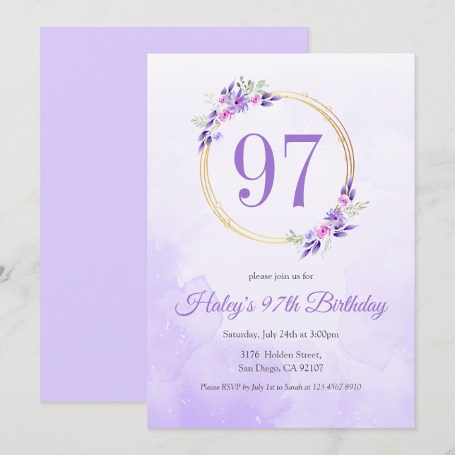 Pastel Purple Floral Golden Wreath 97th Birthday Invitation (Front/Back)