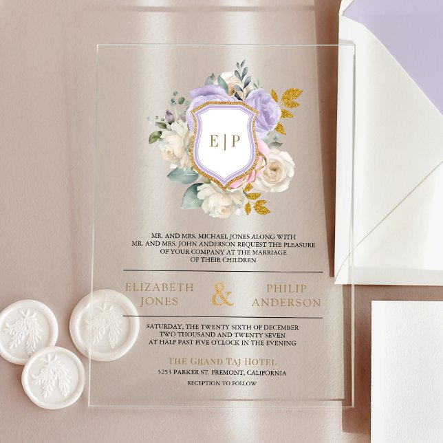 Pastel Purple Floral Monogram Crest Wedding Acrylic Invitations (Creator Uploaded)