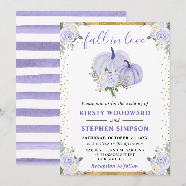 Pastel Purple Floral Pumpkins Fall Wedding Invitation (Front/Back)
