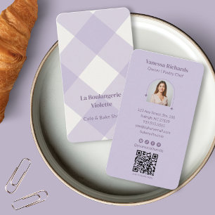 Pastel Purple Gingham Bakery Vertical QR Photo Business Card