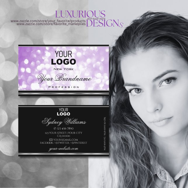Pastel Purple Glitter Black Silver Lilac with Logo Business Card (Creator Uploaded)