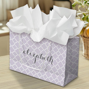 Pastel Purple Grey Quatrefoil Pattern Custom Name Large Gift Bag