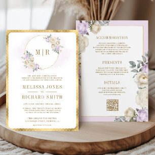 Pastel Purple Ivory Floral Gold All in One Wedding Invitation