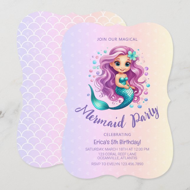 Pastel Purple Little Mermaid Watercolor Birthday Invitation (Front/Back)