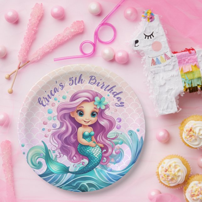 Pastel Purple Little Mermaid Watercolor Birthday Paper Plate (Party)