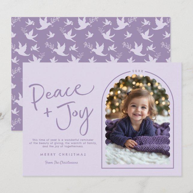 Pastel Purple Modern Peace Joy Photo Christmas Holiday Card (Front/Back)