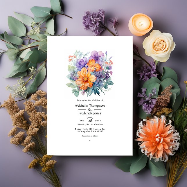Pastel Purple, Orange and Mint Floral Wedding Invitation (Creator Uploaded)