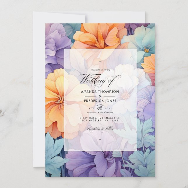 Pastel Purple, Orange and Mint Floral Wedding Invitation (Front)