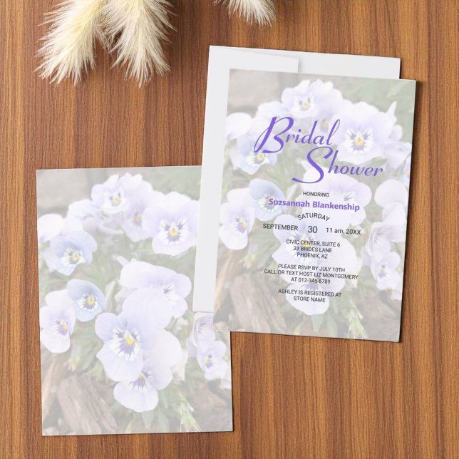Pastel Purple Pansies Photo Bridal Shower Template (front and back bridal shower template invitation)