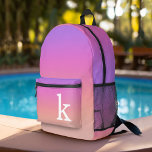 Pastel Purple Pink Coral Gradient - huge monogram Printed Backpack<br><div class="desc">A colourful pastel gradient with shades of purple,  pink and coral. A huge initial is on the pocket.
You can add a name,  monogram or other custom text. If you need to move the art around,  click on the customise button to make changes.</div>