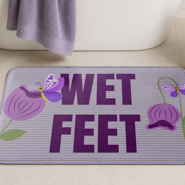 Pastel Purple Pinstriped Cute Floral Bath Mat (Bathmat with purple flowers, butterflies, and pinstripes. Fresh everyday style. Practical and cute.)