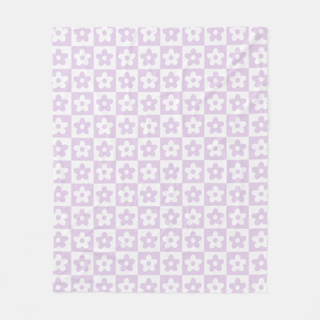 Pastel Purple Retro Chequered Flower Pattern Fleece Blanket (Front)