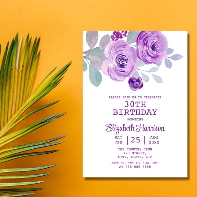 Pastel Purple Rose Floral Greenery 30th Birthday  Invitation (Creator Uploaded)