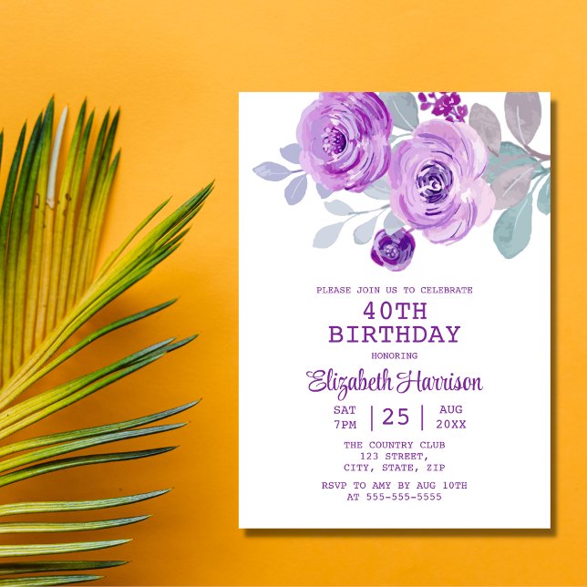 Pastel Purple Rose Floral Greenery 40th Birthday  Invitation (Creator Uploaded)