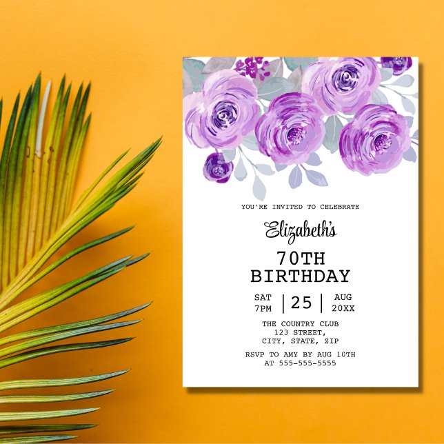 Pastel Purple Rose Floral Greenery 70th Birthday  Invitation (Creator Uploaded)