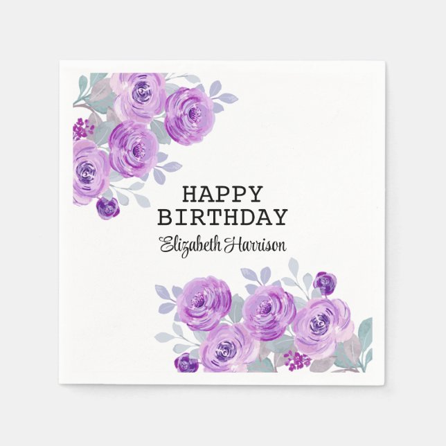 Pastel Purple Rose Floral Greenery Happy Birthday  Napkin (Front)
