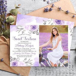 Pastel Purple Rose Garden Sweet 16 Birthday Photo Invitation