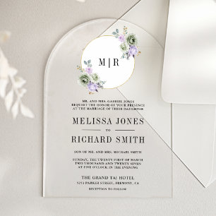 Pastel Purple Sage Green Floral Wedding Acrylic Invitations