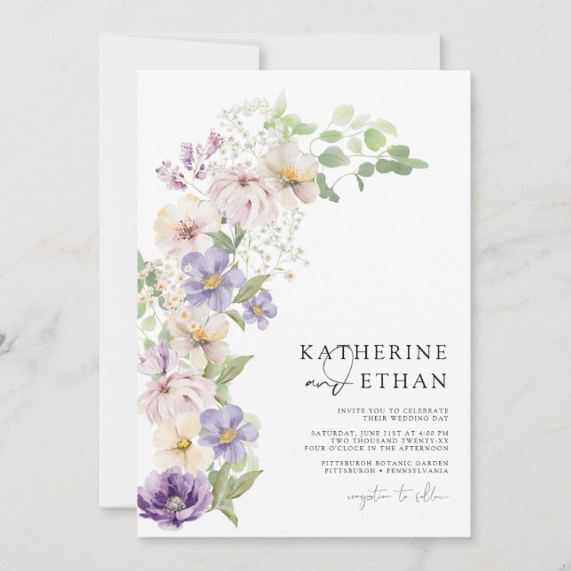 Pastel Purple Spring Floral Wedding Invitations (Front)