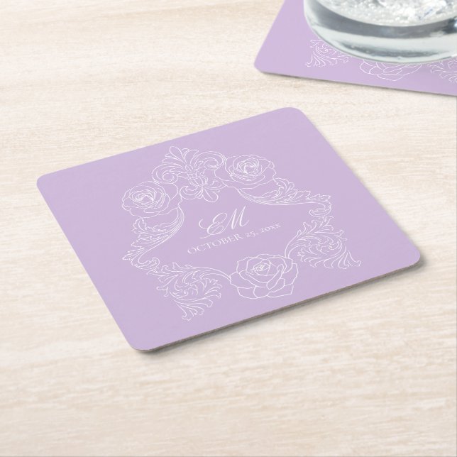 Pastel Purple Victorian Wedding Monogram Crest Square Paper Coaster (Angled)
