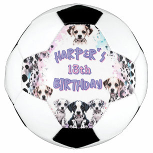 Pastel Purple Watercolor Dalmatian Puppy Birthday Soccer Ball