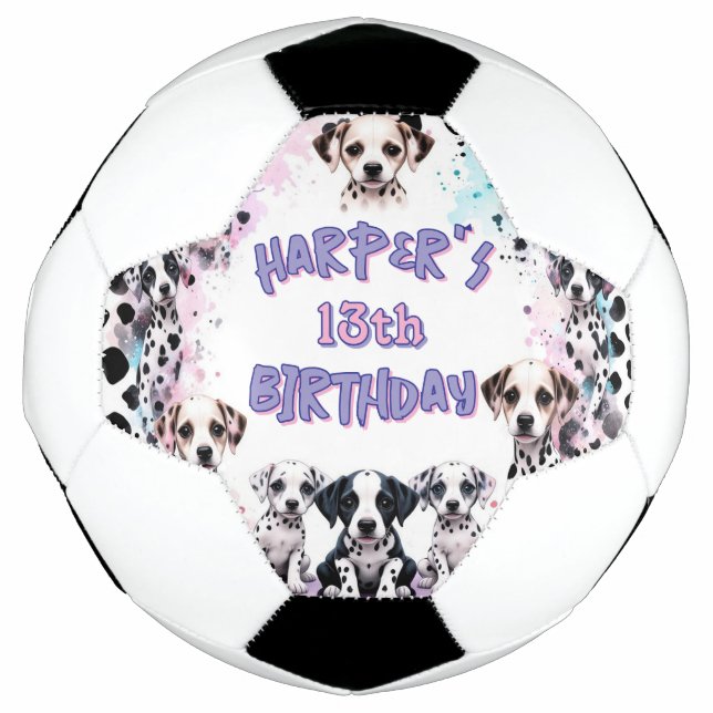Pastel Purple Watercolor Dalmatian Puppy Birthday  Soccer Ball (Front)
