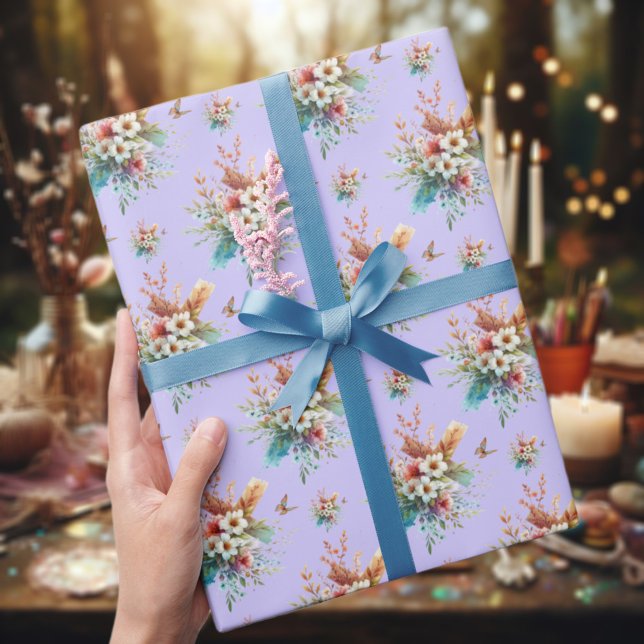 Pastel Purple Watercolor Floral Cross Easter  Wrapping Paper (Creator Uploaded)