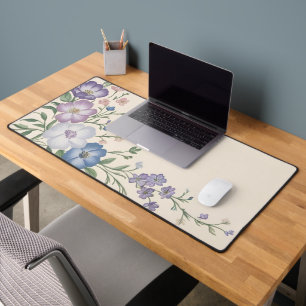 Pastel Purple, White & Blue Botanical Floral Print Desk Mat