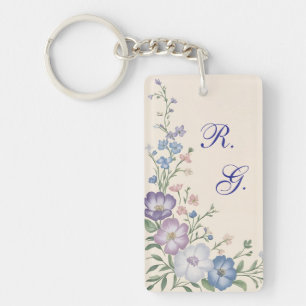 Pastel Purple, White & Blue Botanical Floral Print Key Ring