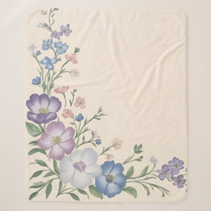 Pastel Purple, White & Blue Botanical Floral Print Sherpa Blanket