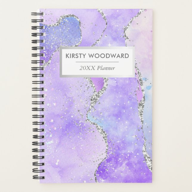 Pastel Purple & White Faux Silver Glitter Agate Planner (Front)