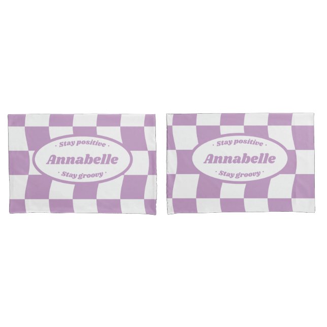 Pastel Purple White Wavy Chequered Name Pillowcase (Front-Set)