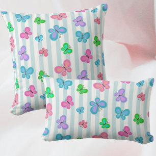 Pastel Quilty Butterflies on Blue White Stripe Lumbar Cushion