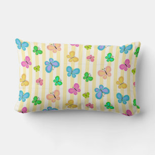 Pastel Quilty Butterflies on Yellow White Stripe Lumbar Cushion