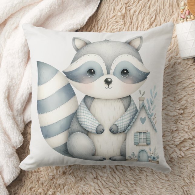 Pastel Raccoon Cottage Neutral Woodland Scene Cushion (Blanket)