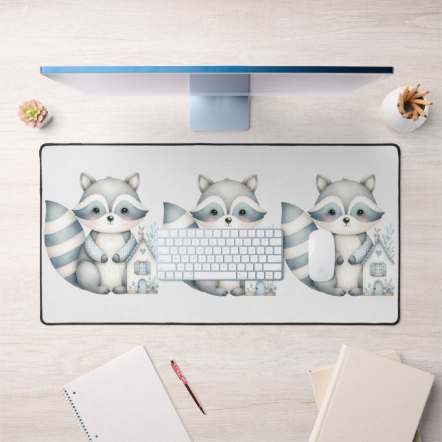 Pastel Raccoon Cottage Neutral Woodland Scene Desk Mat (Office 1)