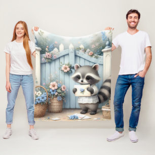 Pastel Raccoon Letter Garden Fleece Blanket