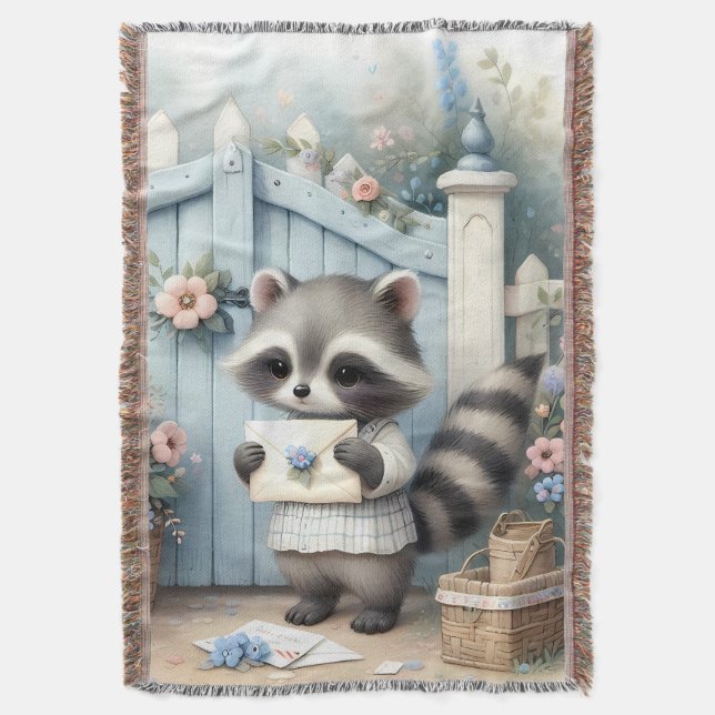 Pastel Raccoon Letter Garden Throw Blanket (Front Vertical)