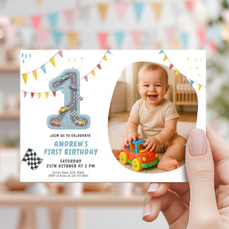 Pastel Race Track First Birthday Invitation