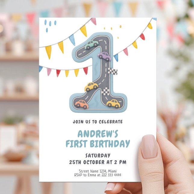 Pastel Race Track First Birthday Invitation (Creator Uploaded)