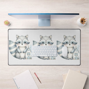 Pastel Racoon Cottage Neutral Woodland Scene Desk Mat