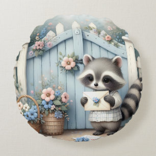 Pastel Racoon Letter Garden Round Cushion