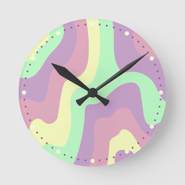 Pastel Rainbow Abstract Wavy Line Pattern Round Clock (Front)