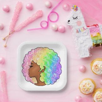 Pastel Rainbow Afro Portrait Groovy Retro Curly Paper Plate
