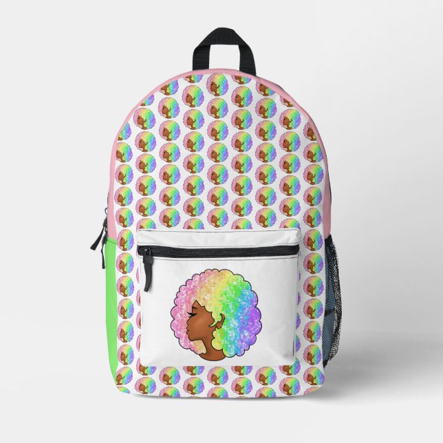 Pastel Rainbow Afro Portrait Groovy Retro Curly  Printed Backpack (Front)