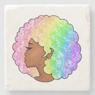 Pastel Rainbow Afro Portrait Groovy Retro Curly Stone Coaster