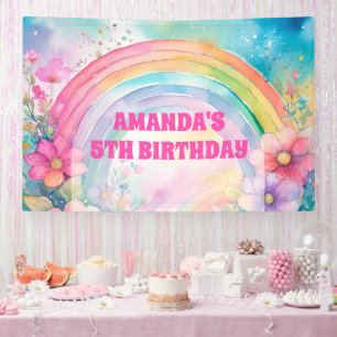 Pastel Rainbow and Flowers Retro Birthday Banner