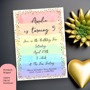 Pastel Rainbow and Gold Hearts Any Age Birthday Invitation