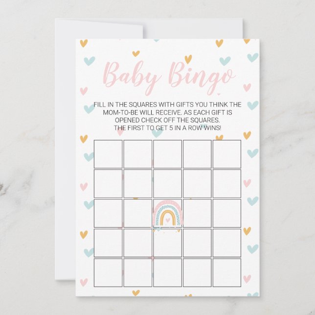 Pastel Rainbow and Hearts Baby Shower Bingo Card (Front)